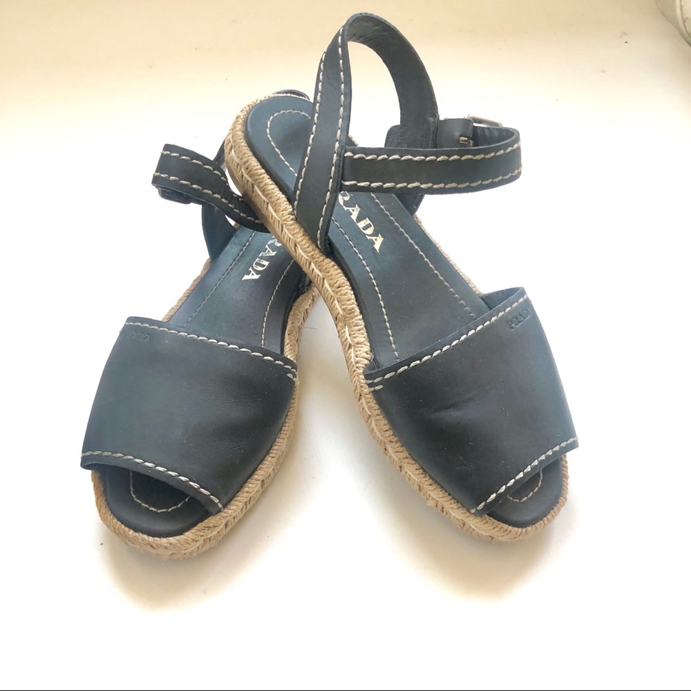 PRADA Black Leather Flat Espadrille Samdal